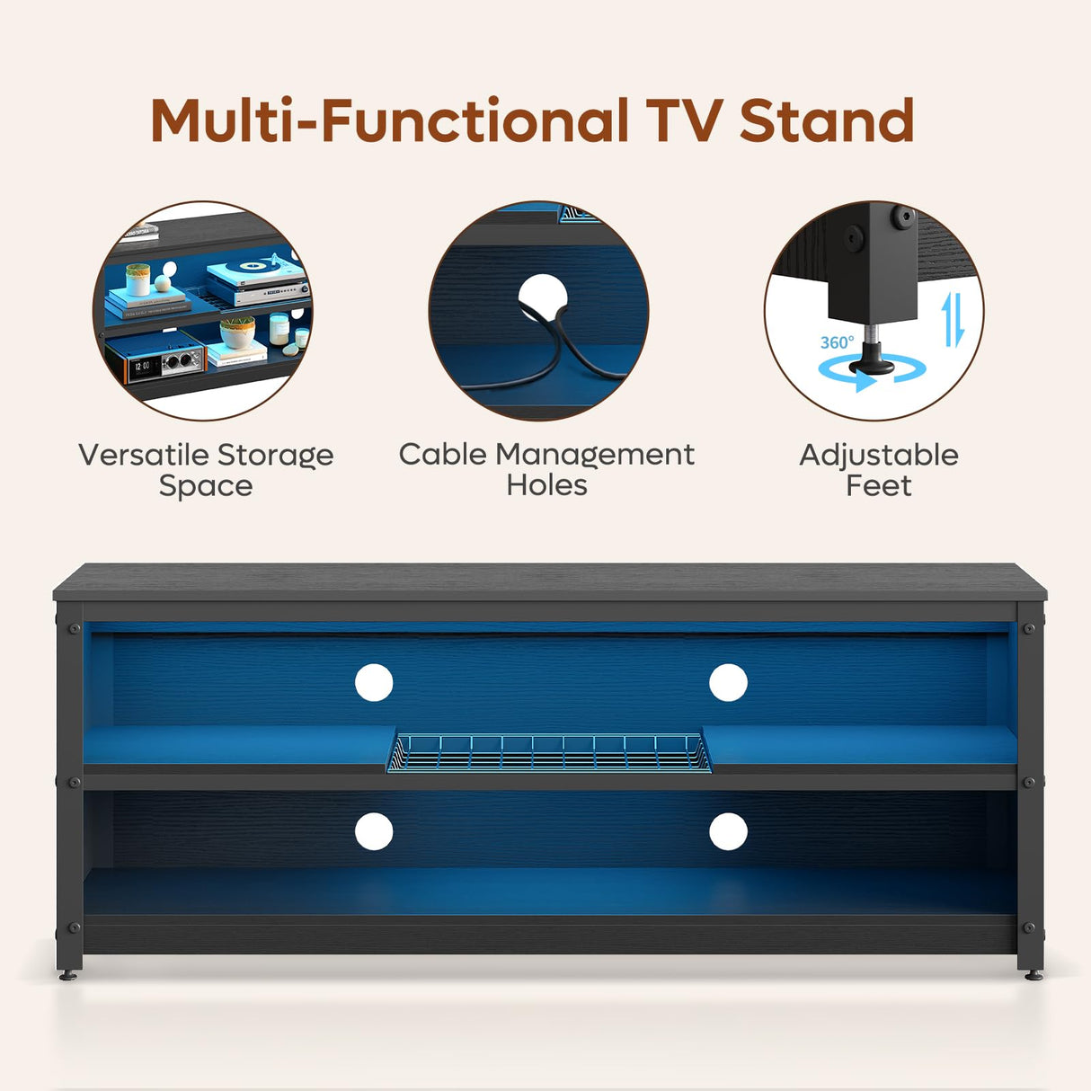 Bestier Gaming TV Stand with LED Light for TVs up to 60 Inch, Entertainment Center with Adjustable Shelves, Modern Industrial TV Media Console with Storage Shelves for Living Room Bedroom, Black Bestier