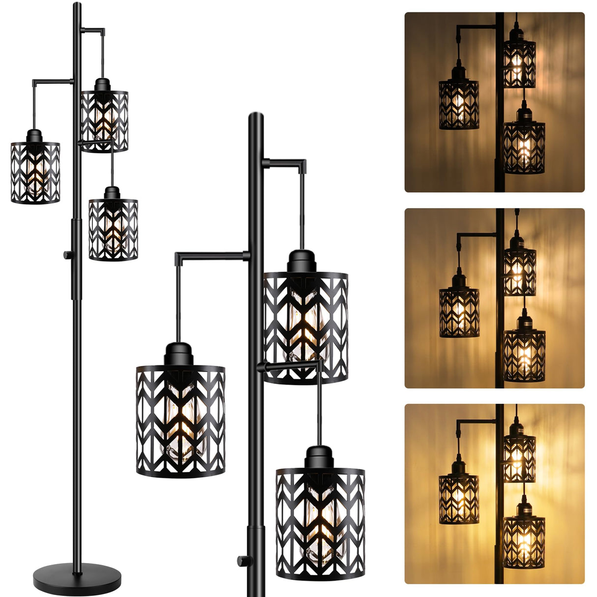 ROTTOGOON Dimmable Floor Lamp, Industrial Standing Floor lamp for Living Room, Tall Farmhouse Rustic lamp with 3 LED Bulbs, Tree Floor Lamp for Bedrooms, Living Room, Home Office, Metal, Black, 68" ROTTOGOON