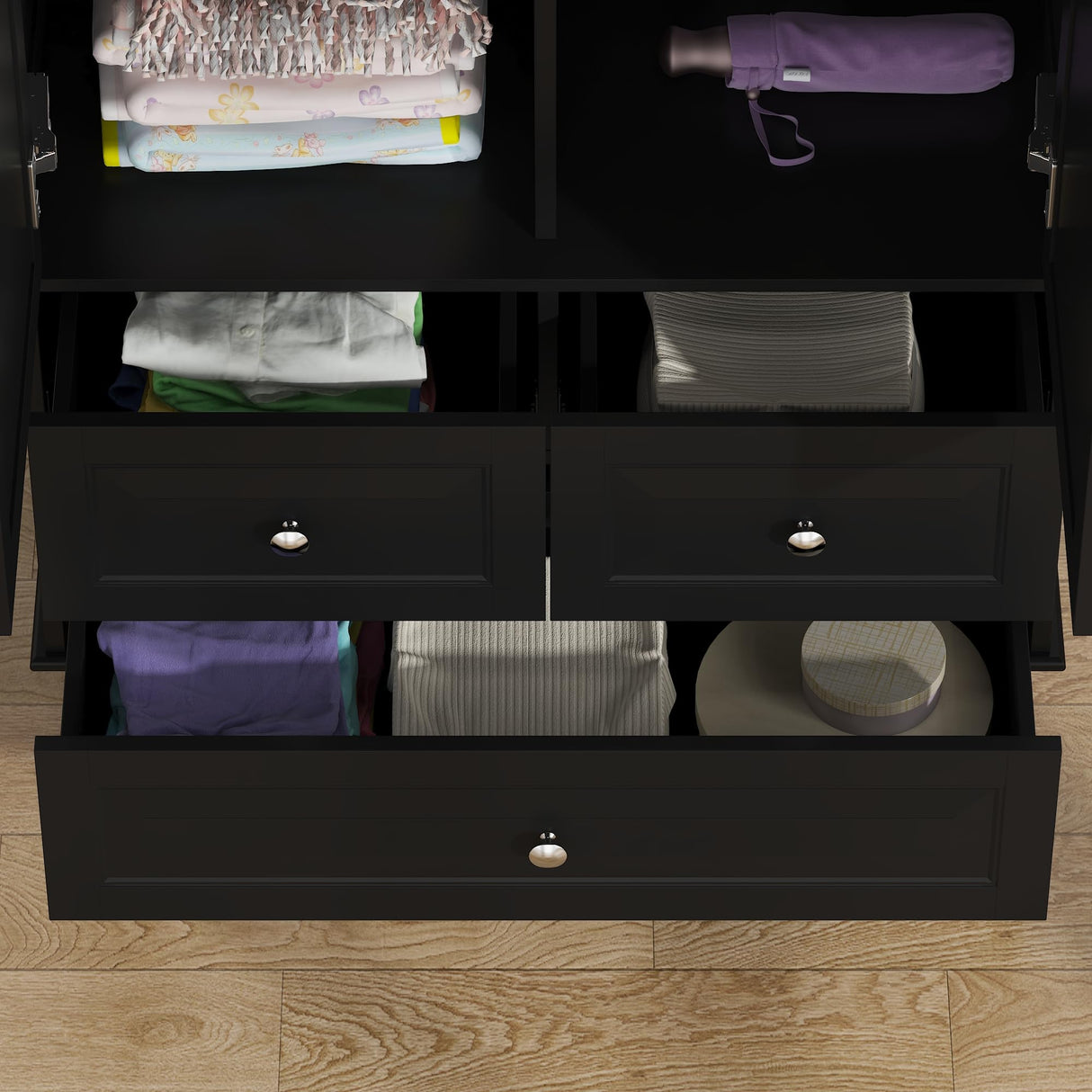 FUNISIR Bedroom Wardrobe Cabinet with 2 Doors, Wood Armoire Closet with Hanging Rod, Wardrobe Closet with 3 Drawers & Multi-Shelves for Clothes Organize, Black (19.7" D x 31.5" W x 70.9" H) FUNISIR