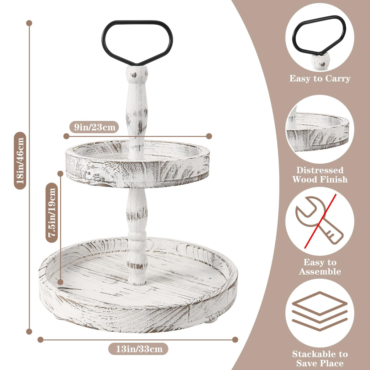 ASMPCUE 2 Tiered Tray Stand, Farmhouse Tiered Tray Stand with Metal Handle for Home Kitchen Decor, Wooden Rustic Two Tiered Serving Tray Coffee Table Tray for Holiday, Tray ONLY(Distressed White) ASMPCUE