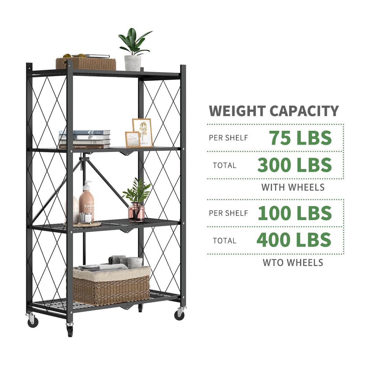FREGREE 50" H 4 Tier Foldable Storage Shelf with Wheels, Folding Shelving Loads 400 LBS, Metal Steel Garage Shelves, Rolling Standing Utility Rack for Kitchen, Pantry, Office, Black FREGREE