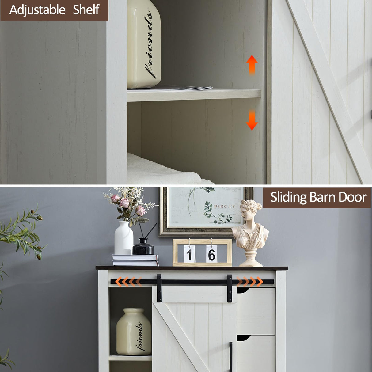 BOSHIRO White Dresser for Bedroom with 5 Drawers, 48" Tall Dresser w/Sliding Barn Door, Farmhouse Dresser 5 Chest of Drawers for Bedroom, Hallway, Living Room, Dining Room, Antique White BOSHIRO