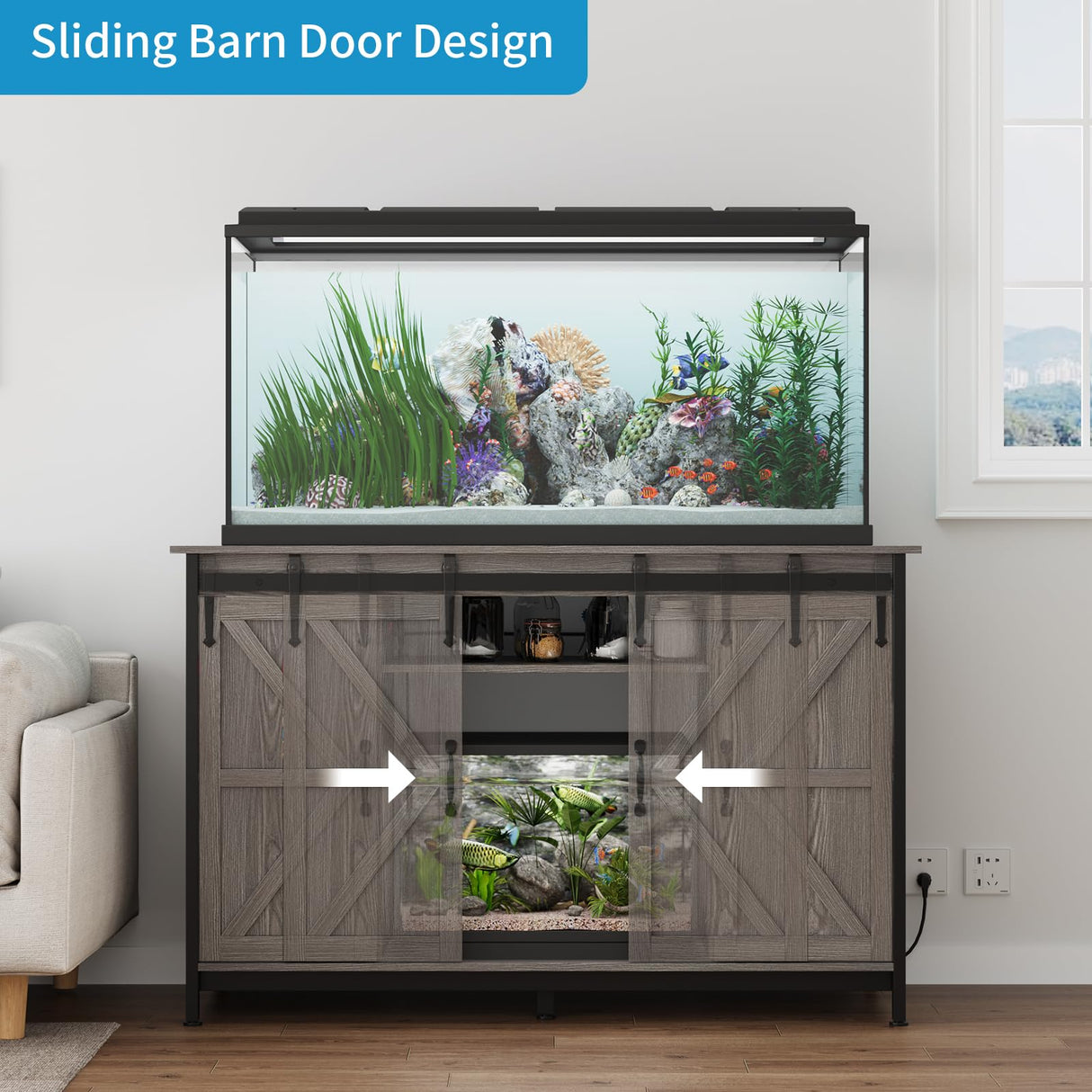VOWNER Farmhouse 55-75 Gallon Fish Tank Stand with Power Outlet, Aquarium Stand with Storage Cabinet and Sliding Barn Door, Heavy Duty Reptile Tank Stand, for 2 Tanks, 1000LBS Capacity, Grey VOWNER
