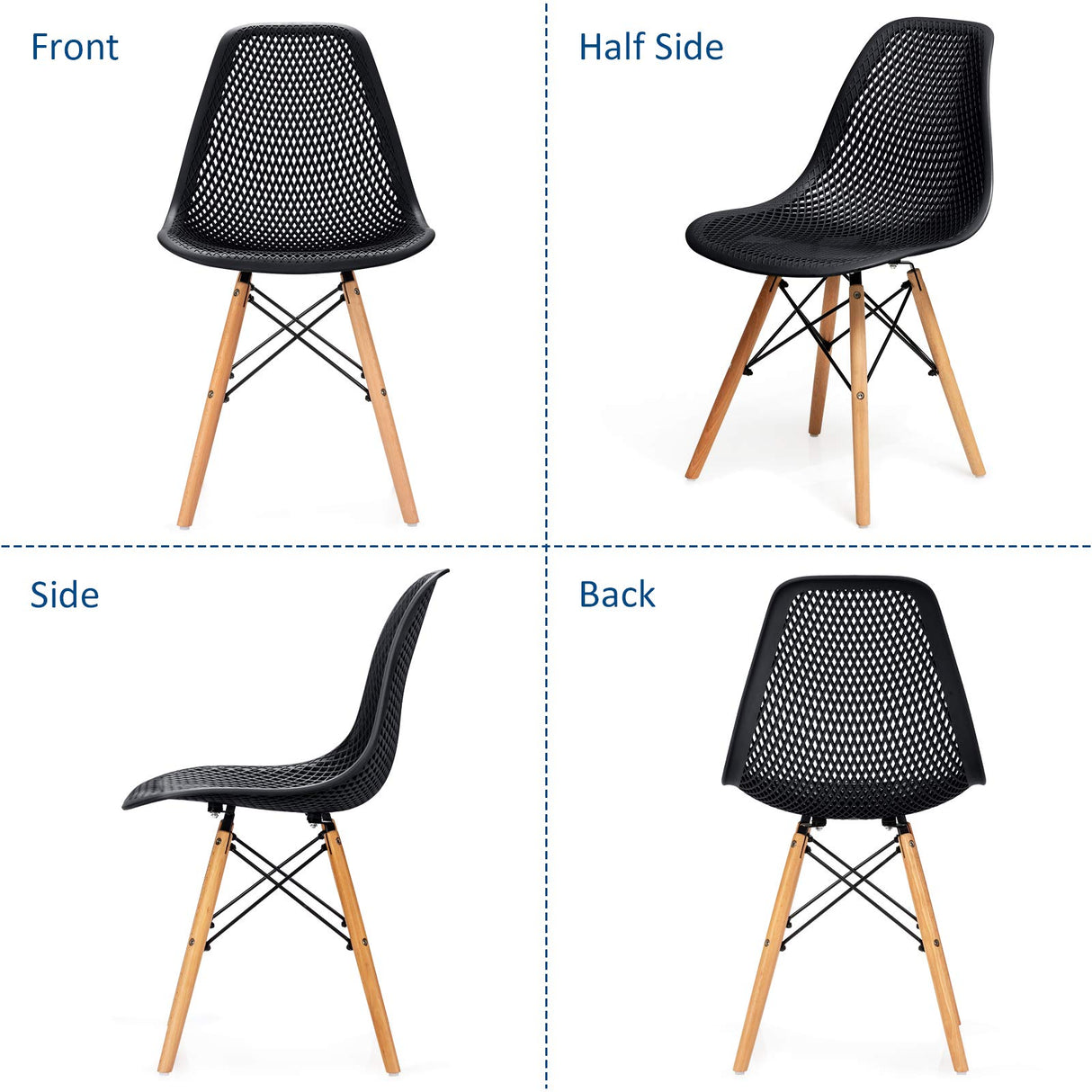 Giantex Set of 4 Modern Dining Chairs, Outdoor Indoor Shell PP Lounge Side Chairs with Mesh Design, Beech Wood Legs, Tulip Leisure Chairs, DSW Dining Chairs for Kitchen, Dining Room, Black Giantex