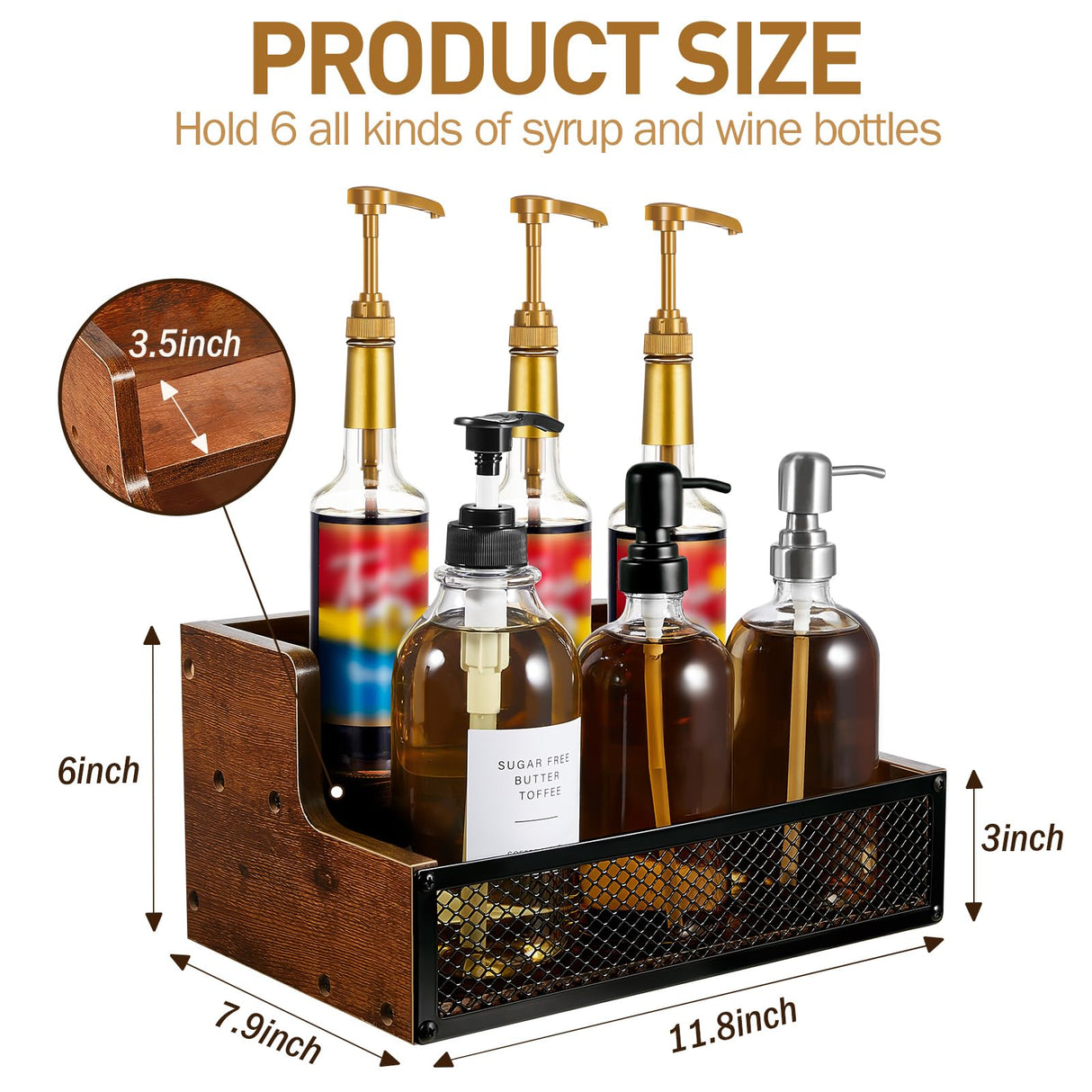 Menkxi Coffee Syrup Rack Liquor Bottle Display Shelf 6/12 Bottles Wood Liquor Shelf with Fences Liquor Cabinet for Liquor Whiskey Wine Coffee Syrup Display(2 Tier) Menkxi