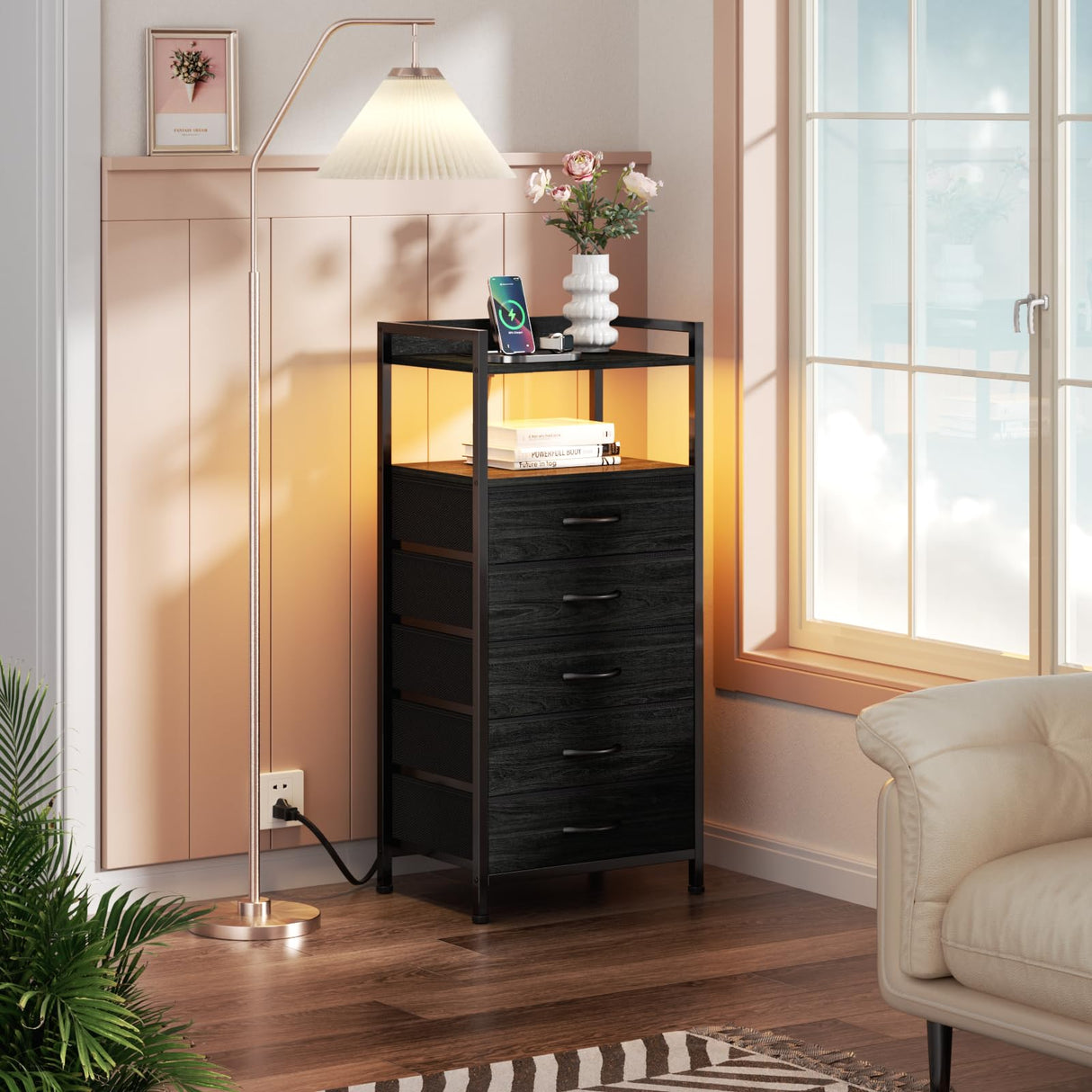 Furnulem 5 Drawer Nightstand with Shelf, Tall Black Dresser for Bedroom with Led Light and Charging Station, Bed Side Table for Living Room, Fabric Storage Bins, Metal Frame, Wood Furniture Furnulem