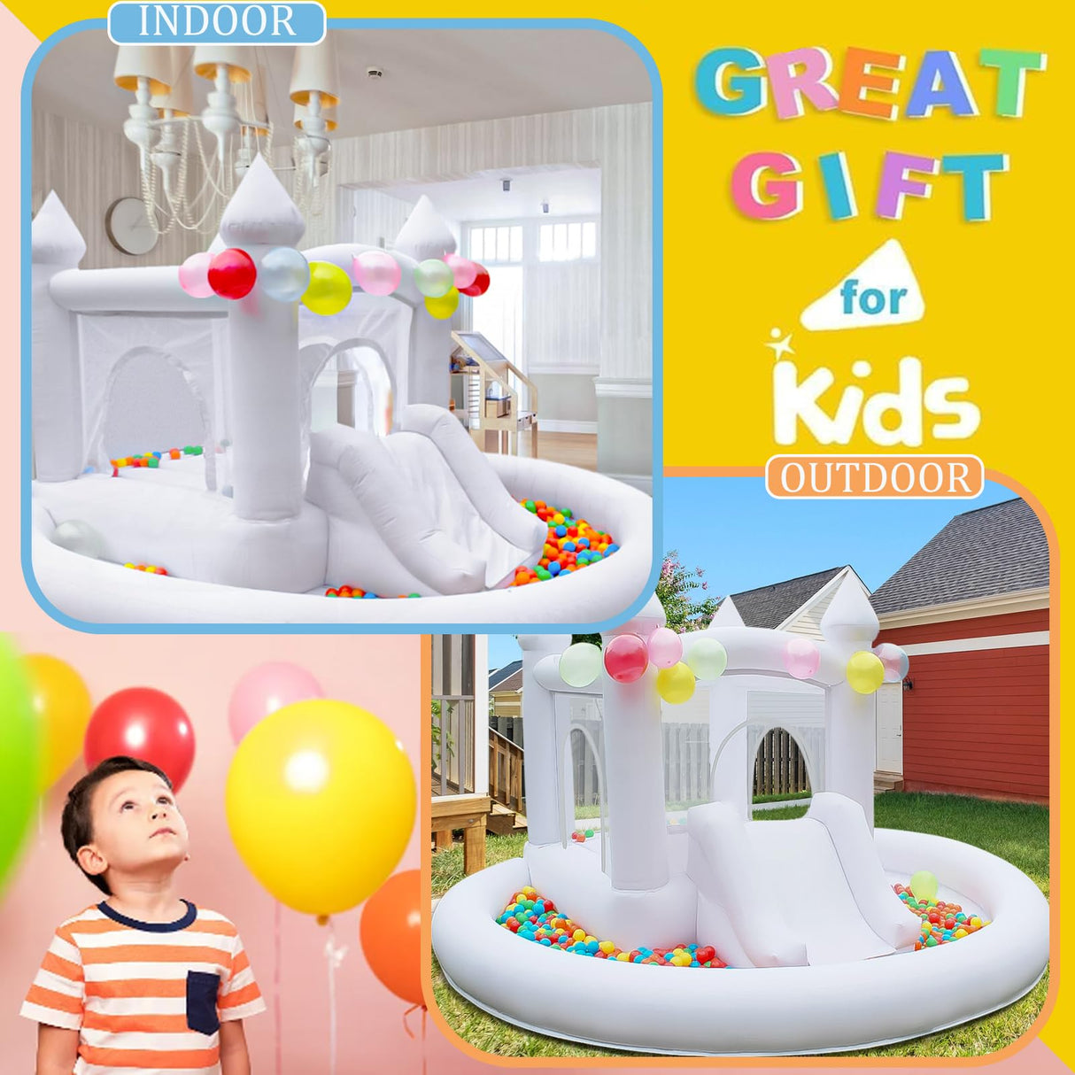 White Bounce House with Ball Pit, Indoor & Outdoor Bouncy Castle with Slide and UL Blower for Kids Family Backyard Party, 12x11Ft Inflatable Bouncer for Boys for Girls ZAFIED