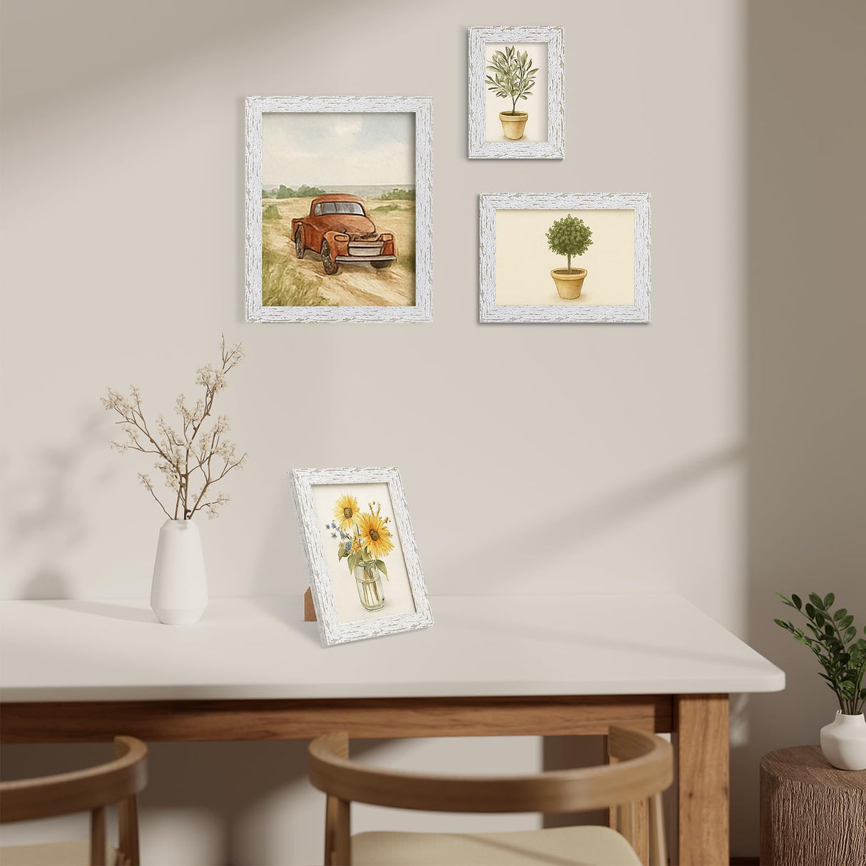 puthiac 8x10 Rustic Picture Frame, Farmhouse Distressed Wood Photo Frame, Shatterproof Acrylic Front, Wall & Tabletop, Vertical/Horizontal, Vintage Art Print Included – Distressed White puthiac