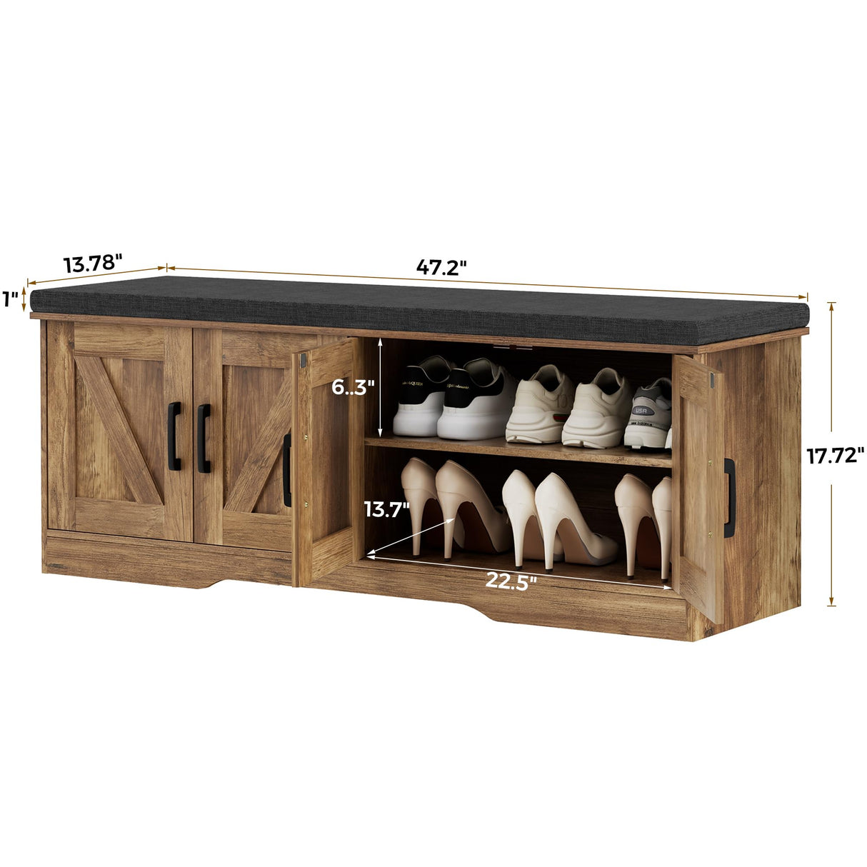 HOMSHO 2-Tier Storage Bench, Shoe Bench with Padded Seat Cushion, Entryway Bench with 4 Barn Doors, Adjustable Shelf, 13.8" D x 47.2" W x 17.7" H, for Entryway, Living Room, Bedroom, Rustic Walnut HOMSHO