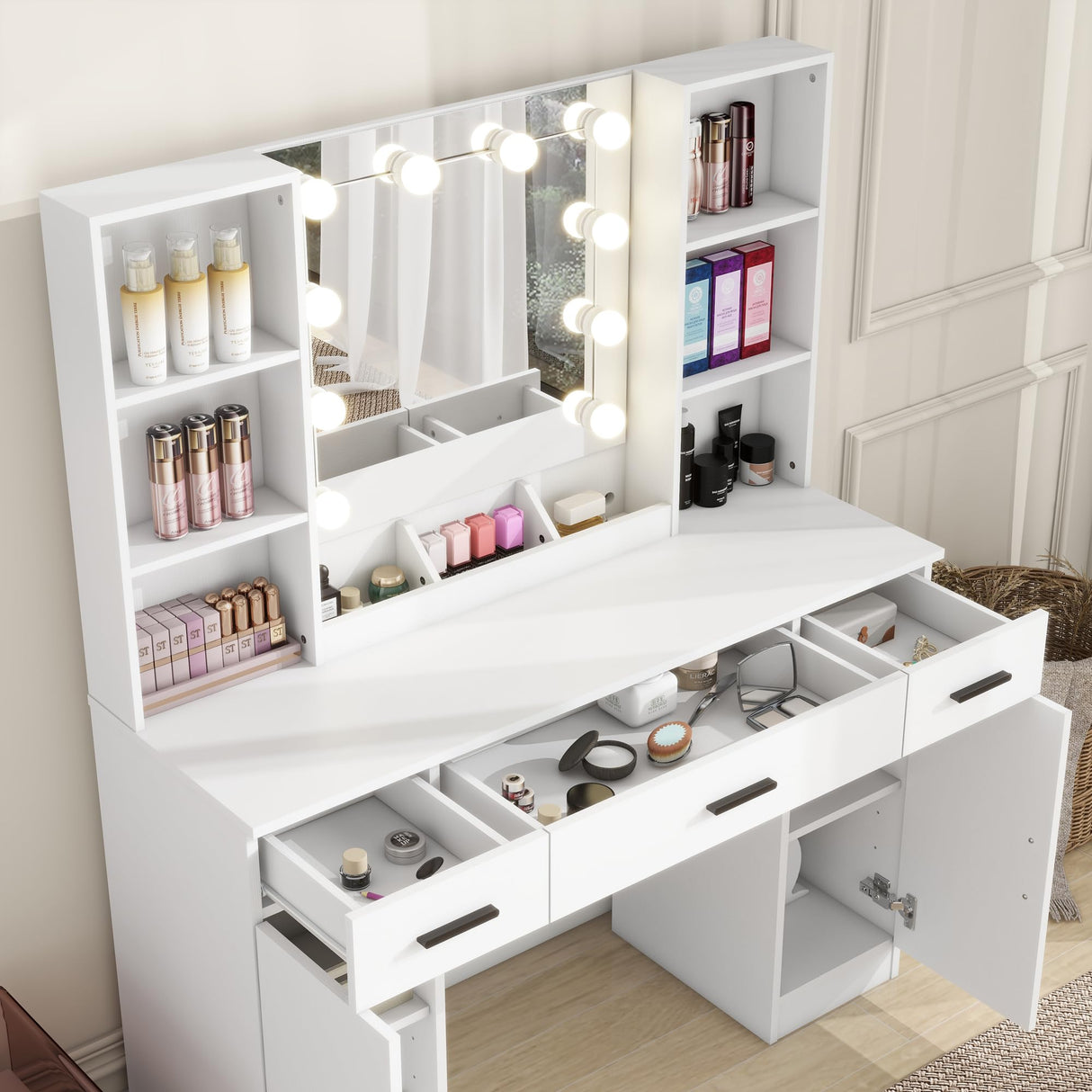 Vanity Desk, Makeup Table with Lights Vanity Set with 3 Drawers, 1 Cabinet & 6 Shelves 3 Lighting Modes Brightness Adjustable Dressing Table with Cushioned Stool for Bedroom, Dressing Room (White) Panana