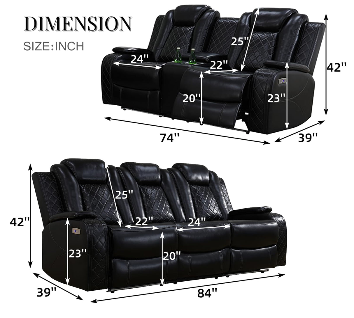 Caberryne Leather Recliner Sofa Set with LED Lights,Power Reclining Sofa and Loveseat Set with USB Port/Cup Holder for Living Room/House/Home Theater(2 Piece Set,Black) Caberryne