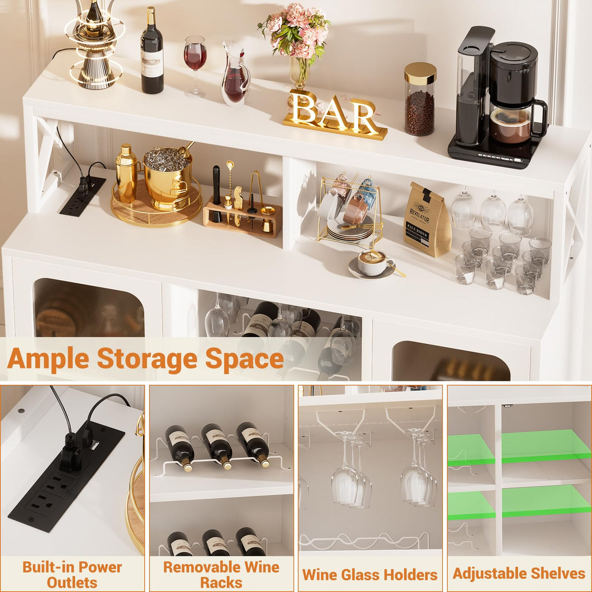 Aheaplus Bar Cabinet with Power Outlet, Liquor Cabinet with Led Lights and Glass Holders, Storage Buffet Cabinet Coffee Bar Cabinet for Liquor, Wine Cabinet with Racks for Home, Kitchen, S3, White Aheaplus