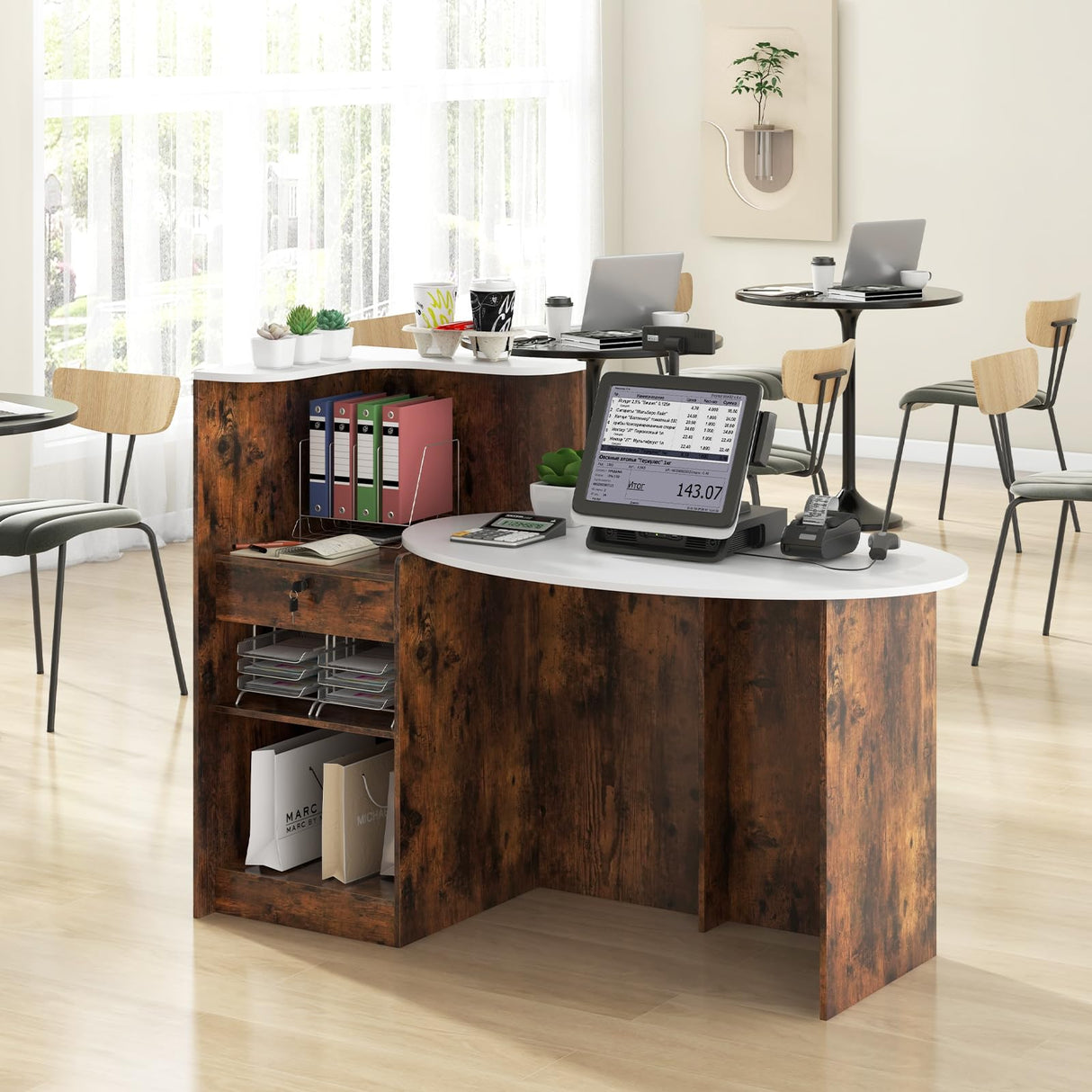 GOFLAME Reception Desk with Lockable Drawer & Adjustable Shelf, Front Counter with Oval Tabletop, Retail Register Stand, Office Computer Desk for Hotel, White + Rustic Brown GOFLAME