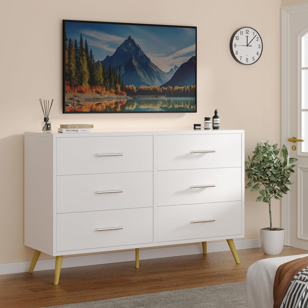 Shintenchi 6 Drawer Dresser, White Double Dresser for Bedroom, Modern Chest of Drawers TV Stand, Wooden Storage Organizer for Living Room, Entryway, White and Gold Dresser Shintenchi