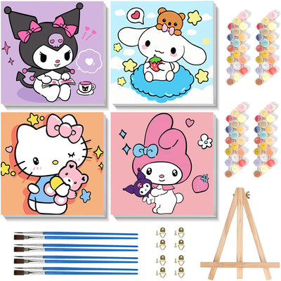 Sretoul 4 Pack Cartoon Paint by Numbers Kit for Kids with Frame - Wooden Easel, Cute Kids Paint by Numbers Ages 4 8 12, DIY Acrylic Oil Painting for Home Wall Decor (8x8 inch)