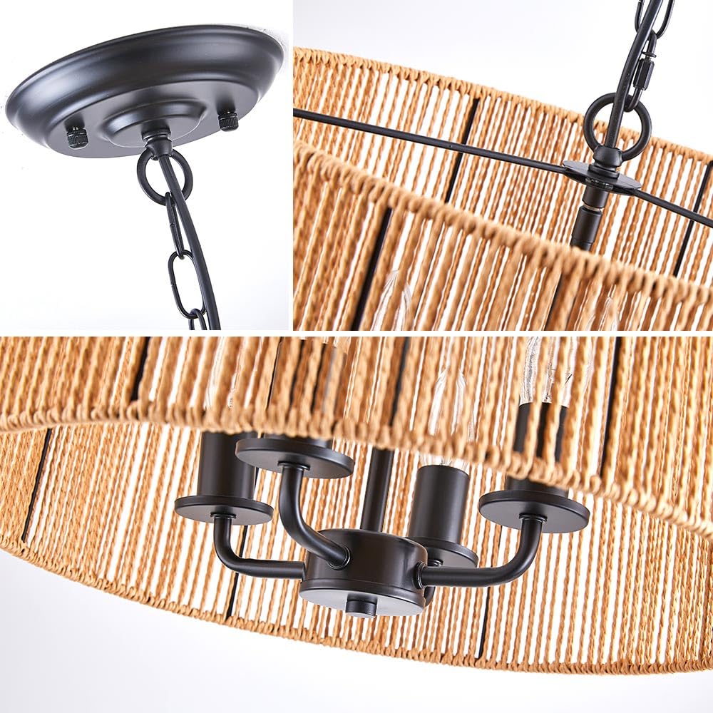 TELAFLY Rattan Wicker Drum Chandelier Light Fixtures,4 Light Boho Pendant Light Farmhouse Rustic Hand Woven Lighting for Dining Room Kitchen Island Living Room Bedroom TELAFLY