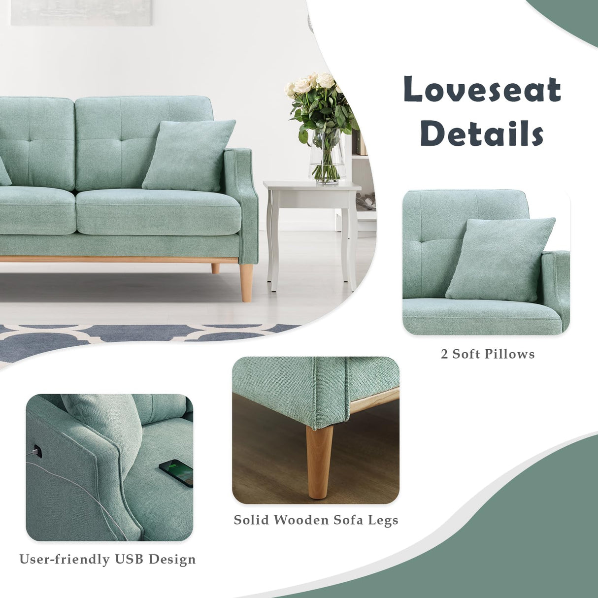 SoarTalent 56.7" Loveseat Sofa Small Couch Fabric Upholstered 2-Seat Sofa with USB Port for Small Place, Apartment, Living Room,Office(Mint Green) SoarTalent