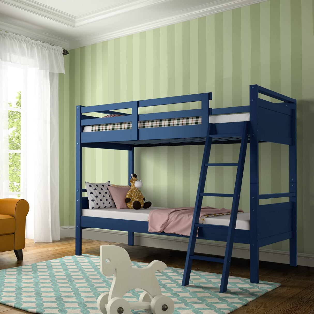 Giantex Twin Over Twin Bunk Bed, Solid Wood Twin Bunk Bed Convertible Into Two Individual Beds, Kids Twin Bunk Bed w/Ladder & Guard Rail for Boys Girls (Navy) Giantex
