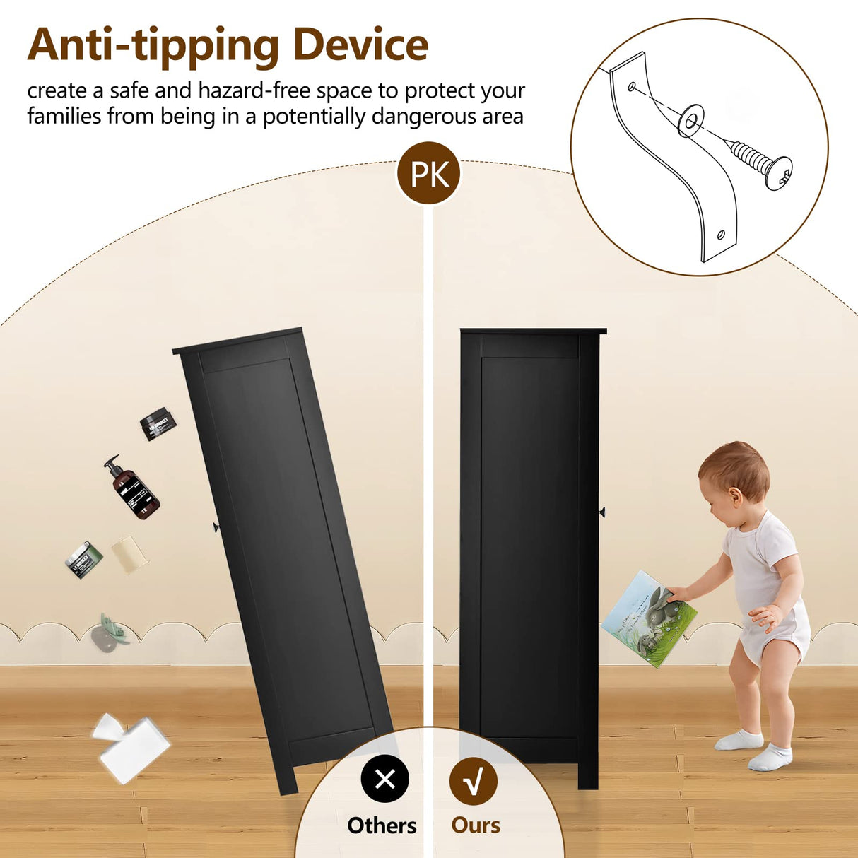 Iwell Bathroom Cabinet, Bathroom Storage Cabinet with 2 Doors & 2 Shelves, 3 Heights Available, Bathroom Floor Cabinet for Living Room, Bathroom, Kitchen, Home Office, Black Iwell