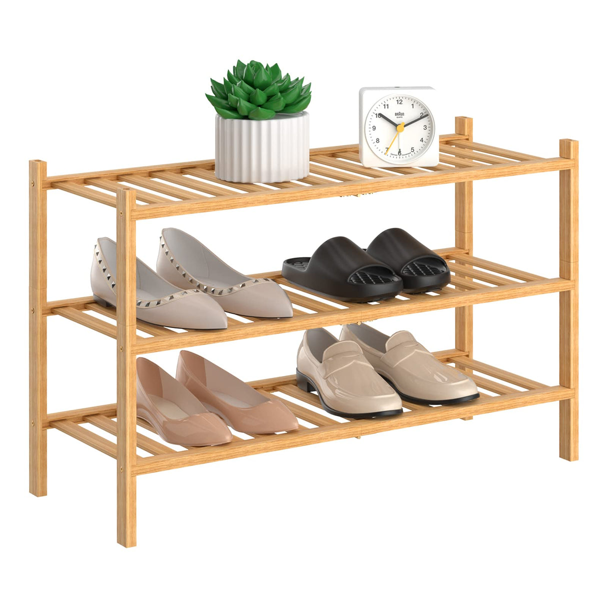 RONGJIA 3 Tier Bamboo Shoe Rack for Closet Free Standing Wood Shoe Shelf Storage Organizer for Entryway Small Space Stackable, Natural RONGJIA