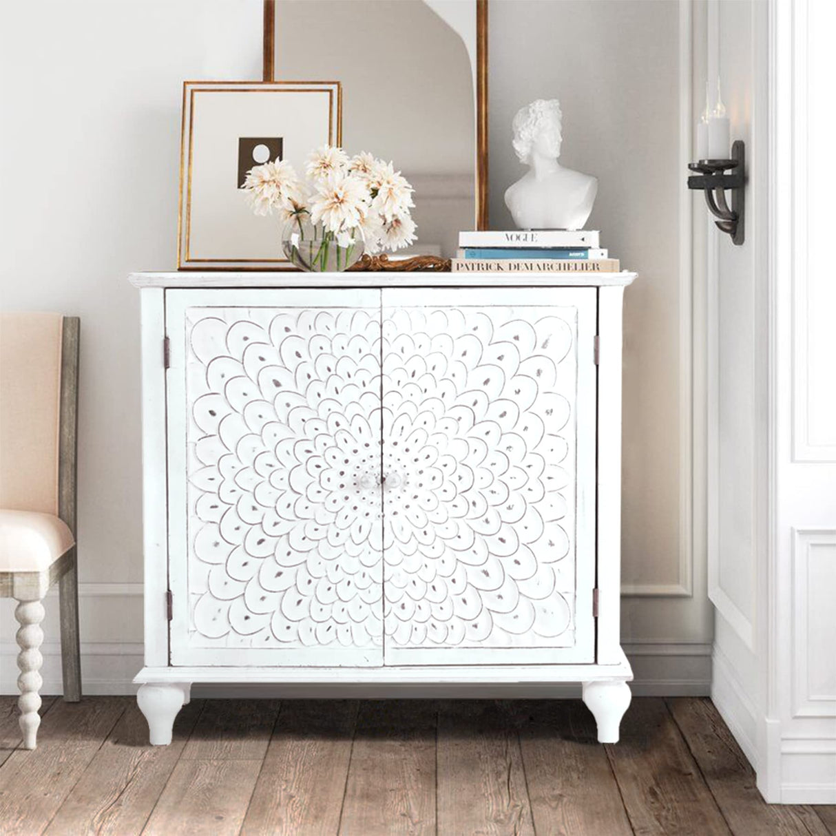PHI VILLA White Antique Storage Cabinet - Sideboard and Buffet Cabinet Accent Cabinet with Doors PHI VILLA