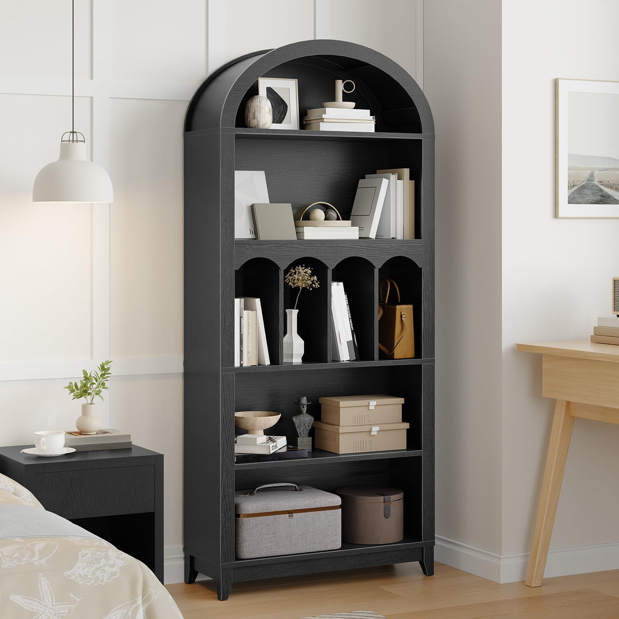 HOOBRO Arched Bookshelf, 70.9" Tall Arch Bookcase with Storage, 5-Tier Farmhouse Book Shelf, Modern Arched Cabinet, Wooden Bookshelf with Open Display Shelves for Living Room, Office, Black BK53SJ01 HOOBRO