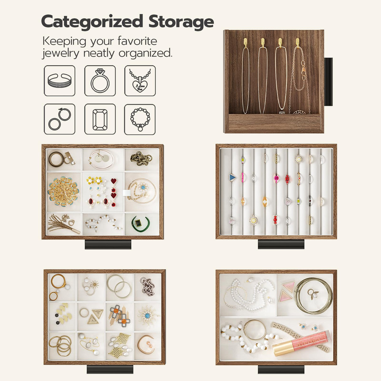 HOOBRO Jewelry Box for Women, Wooden Jewelry Organizer with Transparent Window, 4-Layer Jewelry Organizer Box, Jewelry Holder Organizer for Earrings, Necklaces, Rings, Walnut and Black BH09JB04 HOOBRO