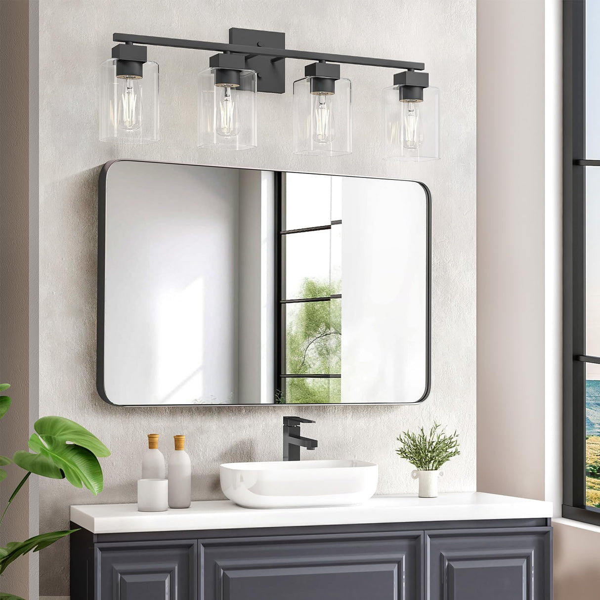 Espird 4 Light Bathroom Vanity Light - Matte Black Bathroom Light Fixtures Square Design & UL Certification, Square Light Fixture Over Mirror, Farmhouse Light Fixtures for Bathroom & Bedroom Espird