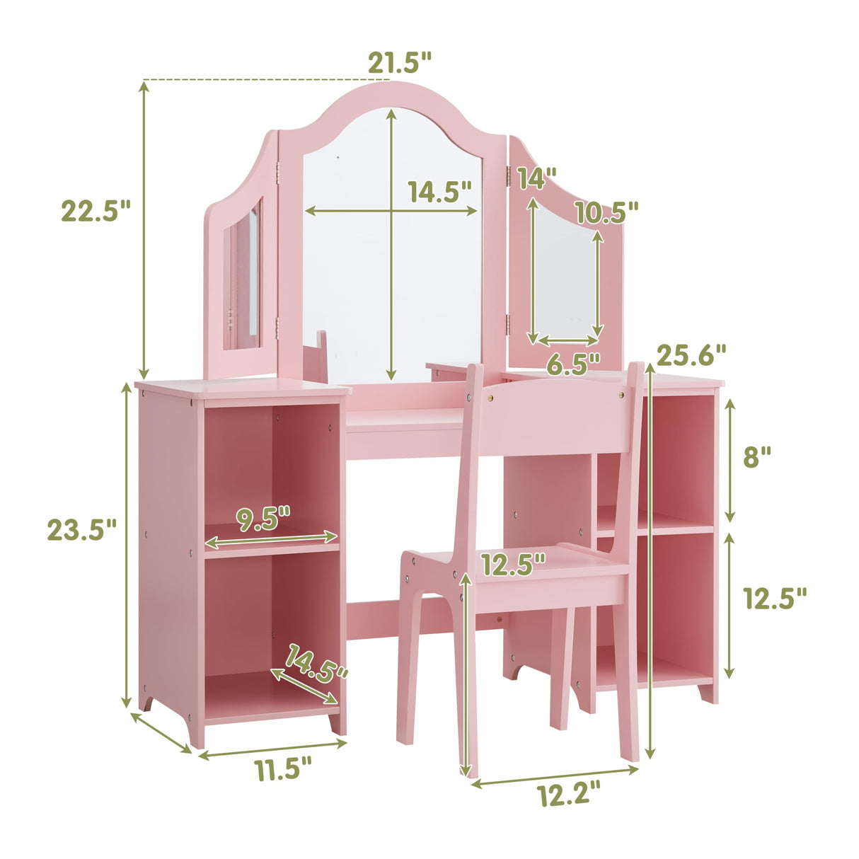 Kovhzcu 2 in 1 Kids Vanity Set, Princess Makeup Vanity Storage Cabinet with Detachable Top, Girls Vanity Set with Tri-fold Mirror, Kids Vanity Set with Mirror Age 3-9 (Pink with Chair) Kovhzcu