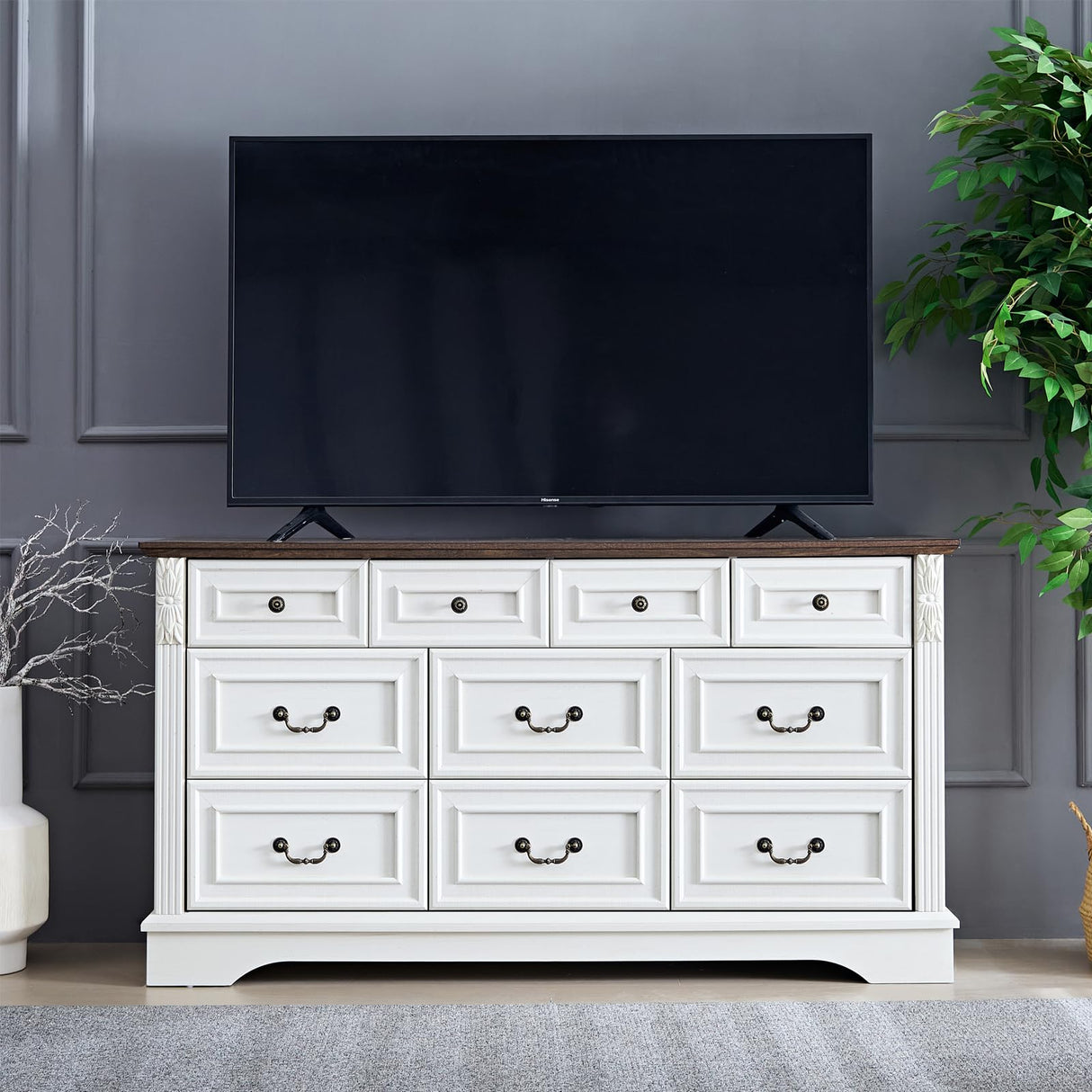 BOSHIRO Farmhouse 10 Drawers Dresser, Dressers for Bedroom, 59" Wide Wood Rustic Chest of Drawers with Carved Pilasters, Storage Organizer, Living Room, Hallway, Antique White BOSHIRO