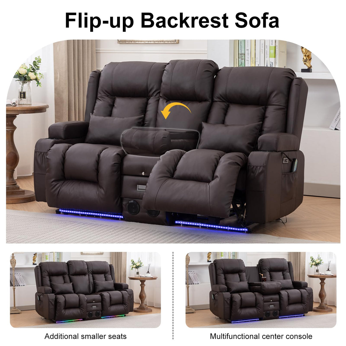 TUNYI Power Loveseat Recliner Sofa with Massage & Heat Home Theater Seating with Console Electric Recliner RV Sofa with USB/Outlet/Storage/Side Pocket/LED Light/Speaker (Brown, Loveseat) TUNYI