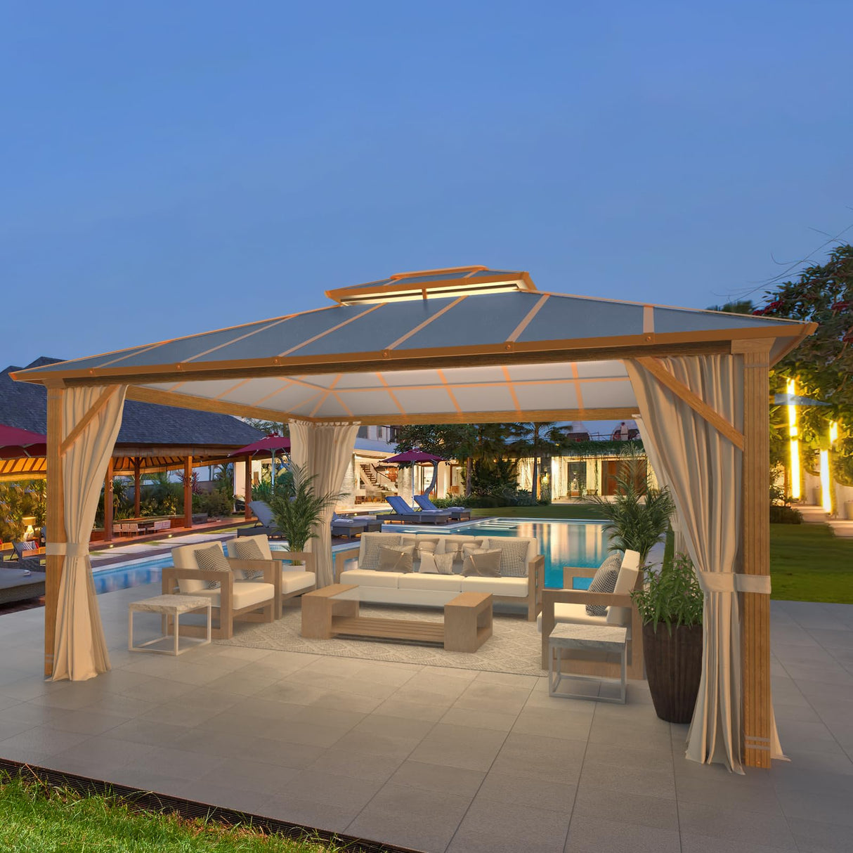 MELLCOM 12x14FT Hardtop Gazebo,Wooden Finish Coated Aluminum Patio Gazebo with Aluminum Composite Double Roof for Patio Lawn and Garden, Curtains and Netting Included MELLCOM