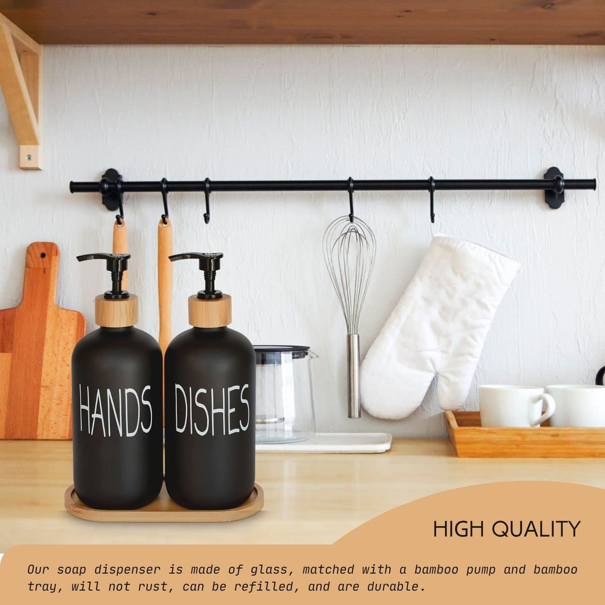 Glass Soap Dispenser Set. Hand Soap and Dish Soap Dispenser with Bamboo Tray. Vintage Soap Dispenser with Pump for Kitchen Sink and Bathroom. Stylish Permanent Label (Matte Black) DIDROOM