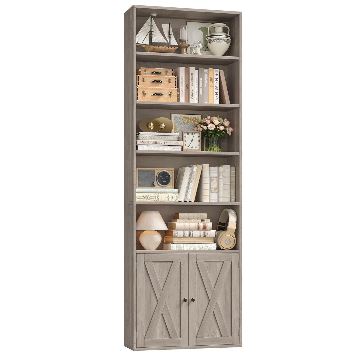 FACBOTALL 82" Tall Bookcase and Book Shelf, 24" Wide Bookshelf with Doors, 7 Tier Bookcase with Storage and Adjustable Shelf, Open and Display Farmhouse Bookshelf for Living Room, Home Office, Gray FACBOTALL