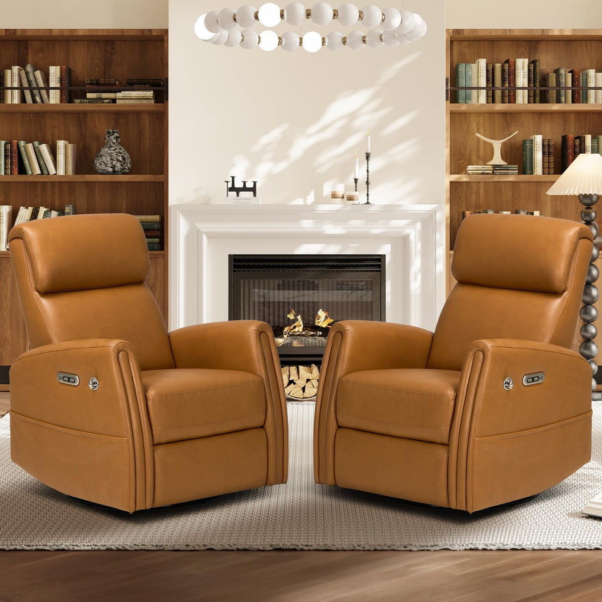 COLAMY Electric Power Swivel Recliner Chair, PU Leather Rocking Chair, 270° Swivel 145° Recliner Chair with Built-in Charging Ports for Living Room, Home, CognacBrown COLAMY
