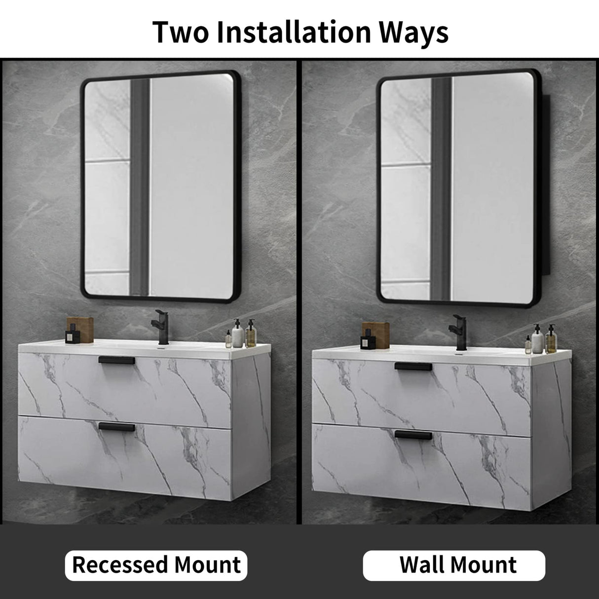 Movo 24 Inch x 30 Inch Black Metal Framed Bathroom Mirror Medicine Cabinet Rectangle Tilting Beveled Vanity Mirrors Recess or Surface Mount Installation Movo