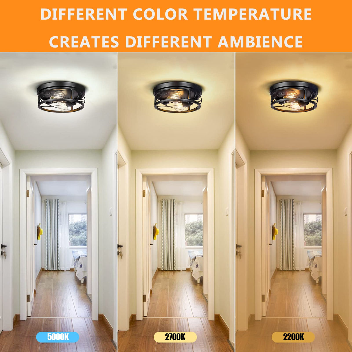 Feanron Farmhouse 2-Light Black Flush Mount Ceiling Light Fixtures, Industrial Vintage Metal Cage Closed to Ceiling Mount Lamp for Hallway Kitchen Bedroom 2 Pack, A19 LED Bulbs Included Feanron