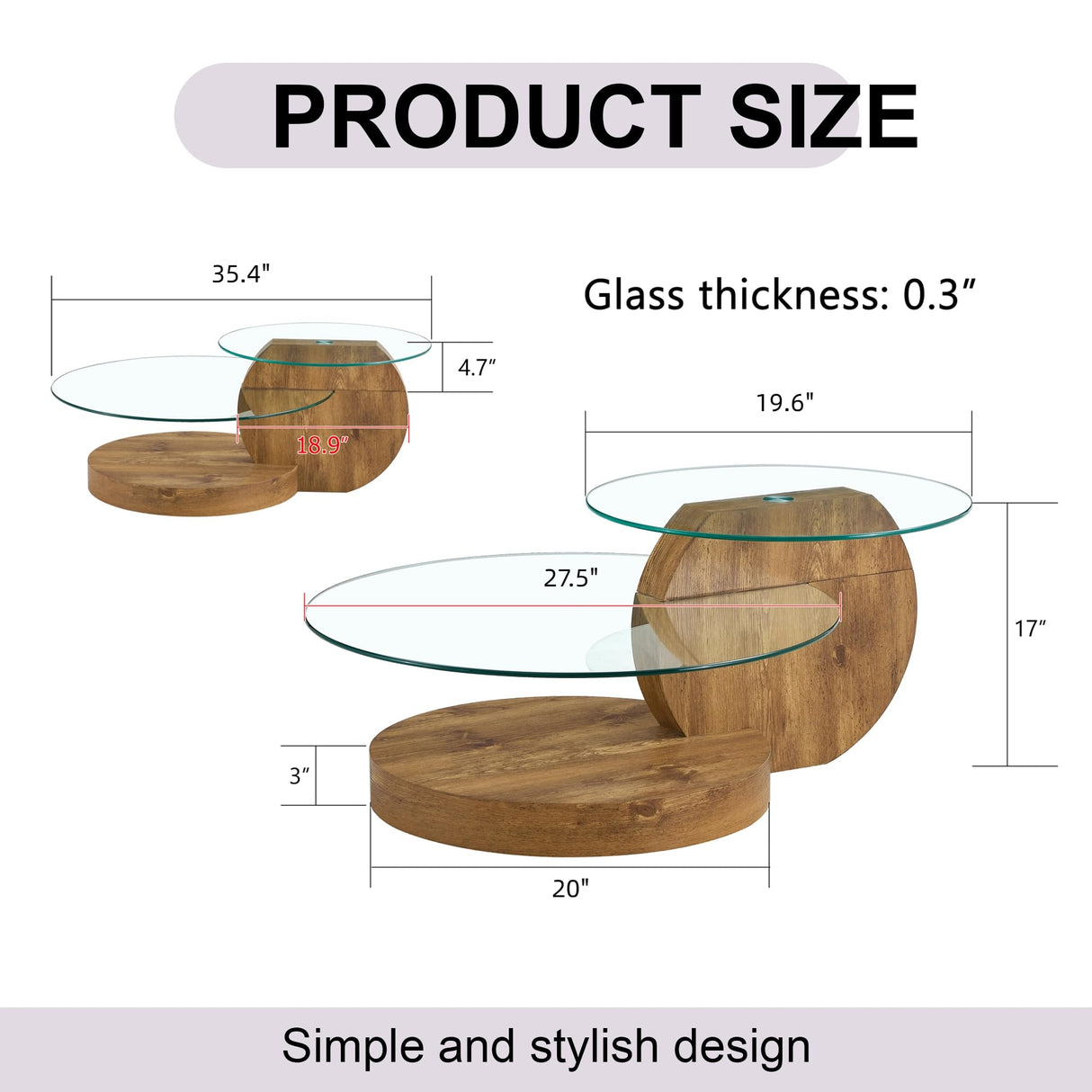 35.4" Glass Coffee Table, Small Round Coffee Table, 2-Tier Tempered Glass Tabletop with Wooden Base, Modern Center Table for Living Room, Home, Apartment, Ideal for Small Space CTPNMCIN