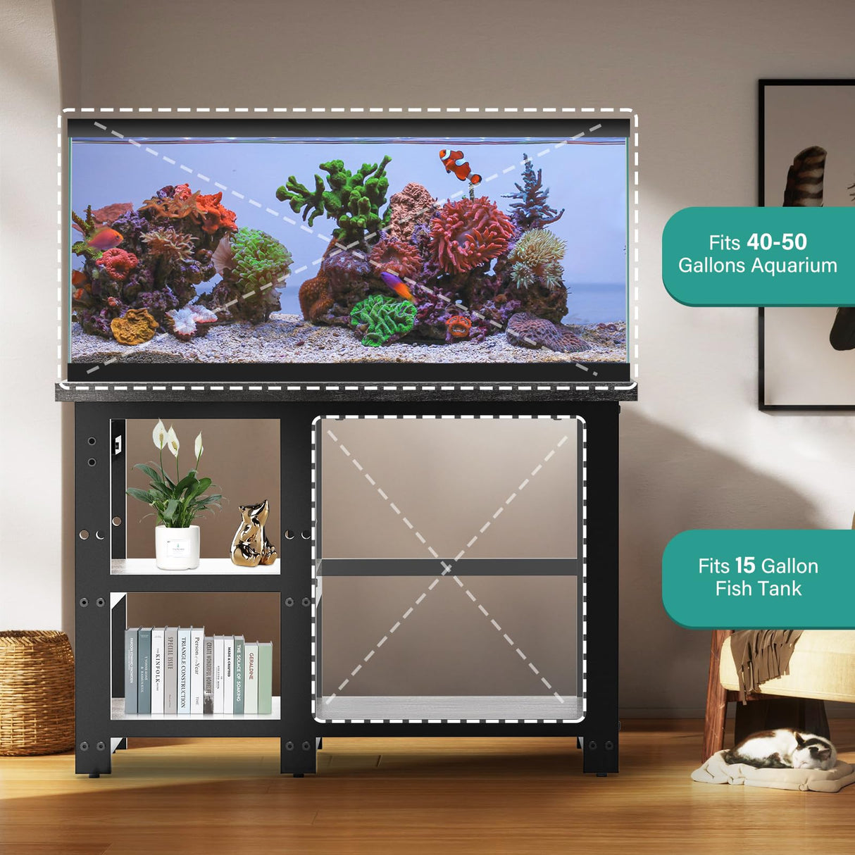 AQQA 40-50 Gallon Fish Tank Stand with 5 in 1 Power Outlets, 36x18 Inch Heavy Duty Metal Frame Aquarium Stand, Adjustable Storage Shelves, 720LBS Capacity Terrarium Stand, 3 Tiers Reptile Tank Stand AQQA