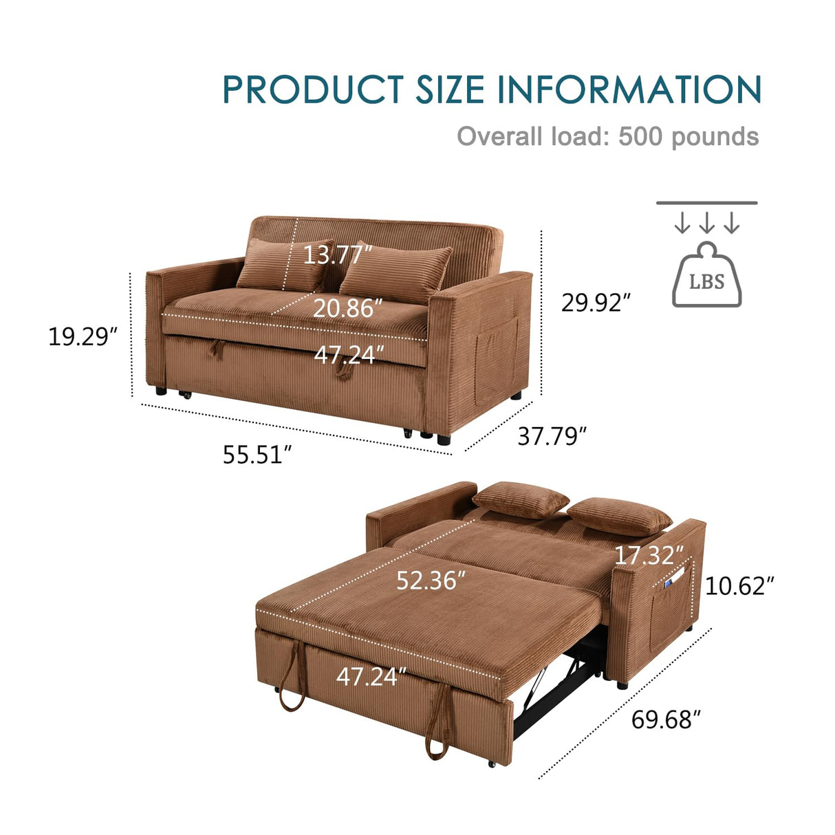 ECHINGLE Sleeper Sofa with Pull Out Sofa Bed,Corduroy Futon Sofa Bed with 3 Level Adjustable Backrest & Storage Pockets and 2 Toss Pillows,Modern Couch Bed for Living Room,Bedroom(Brown) ECHINGLE