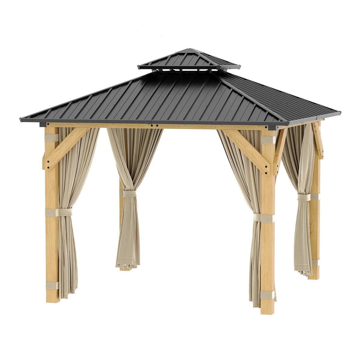 HarmonyHealth 10 x 10 Ft Wood Gazebo, Upgrade Wooden Frame, Double Galvanized Steel Roof, Hardtop Gazebo With Nettings And Curtains For Backyard, Patio, Garden And Lawn,Khaki HarmonyHealth