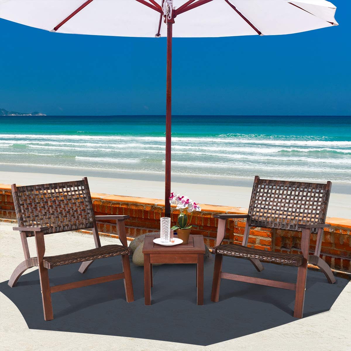 Tangkula 3 PCS Patio Conversation Set, Solid Eucalyptus Wood Frame Outdoor Wicker Furniture Set Bistro Set with Coffee Table, Rattan Furniture Set for Backyard Porch Garden Poolside Balcony (Brown) Tangkula