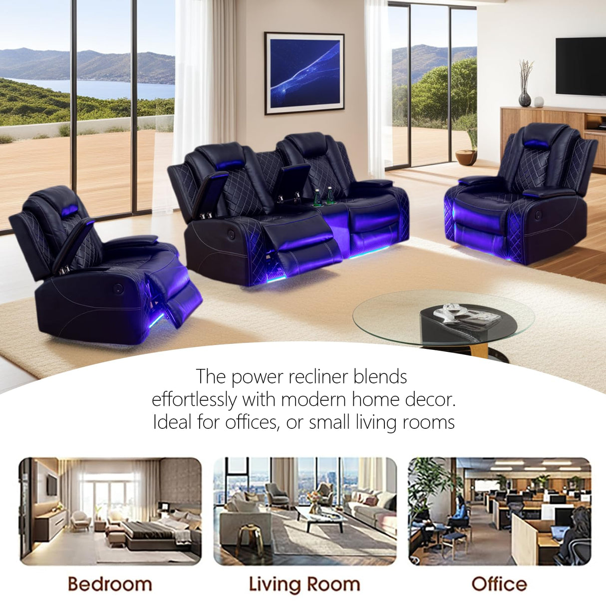 JBXBER Power Recliner Sofa Set with LED Lights, Black Leather Reclining Couch Sets with Storage Console, USB Ports, Cup Holder, Home Theater Seating, Living Room Furniture(2 Chairs and a Loveseat) JBXBER