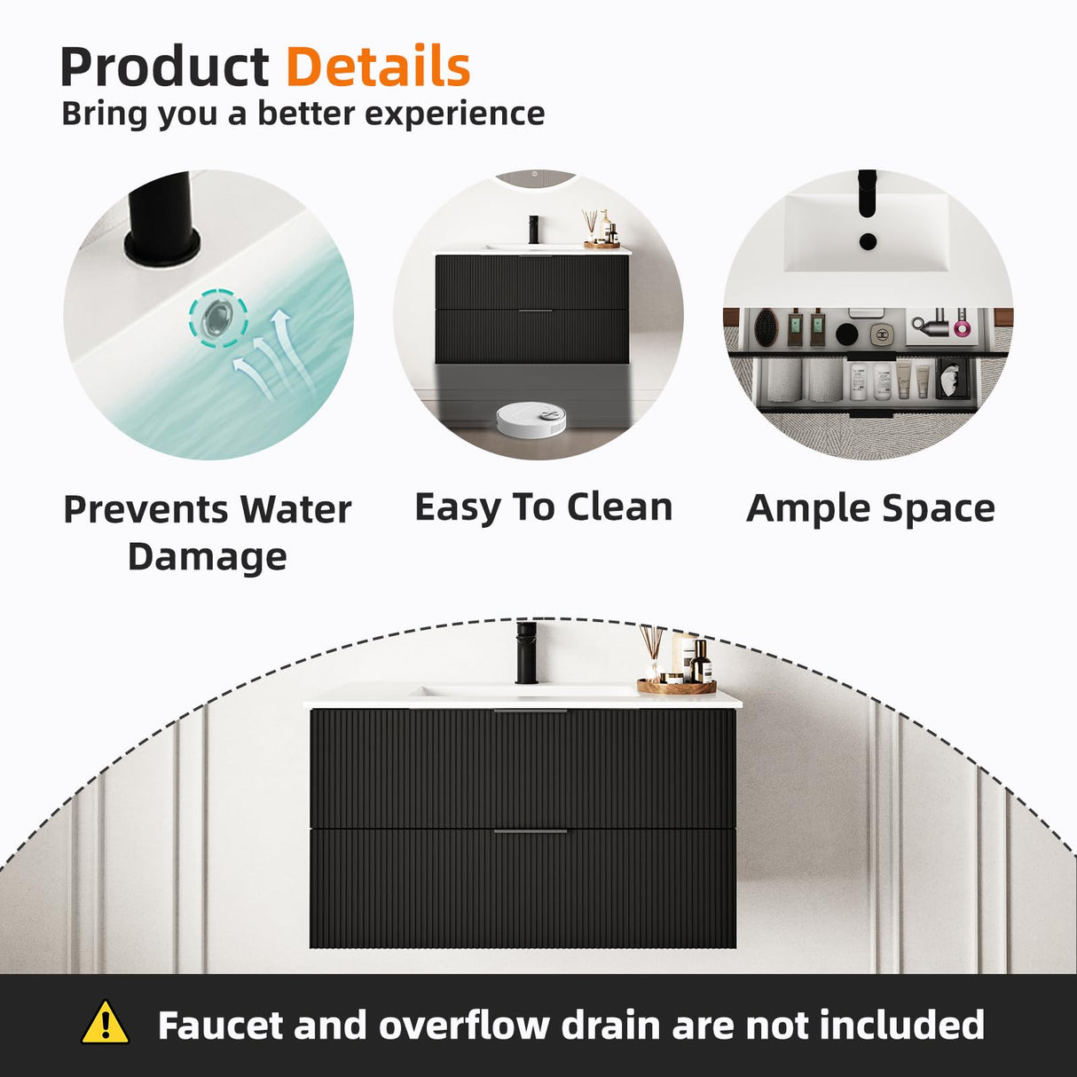 JINDOLI 36 Inch Bathroom Vanity Cabinet with Sink Black Wall Mounted Bathroom Vanities with Ceramic Sink Floating Fluted Sink Vanity with Drawers,Modern JINDOLI