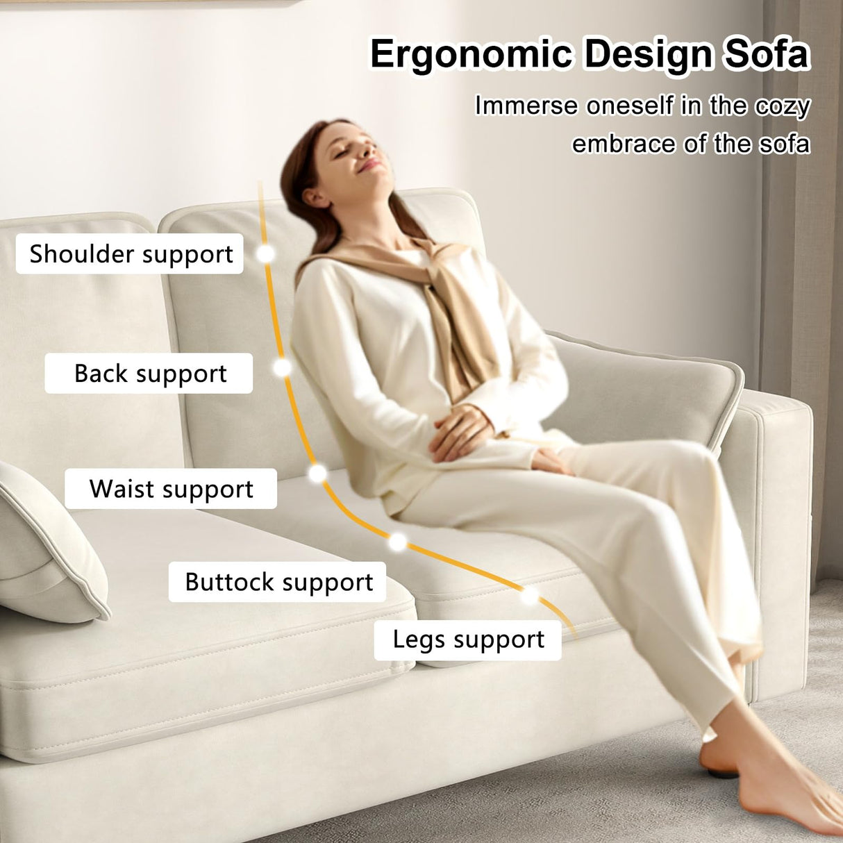 kinbor Small Couches for Small Spaces - Creamy White Modern Loveseat Sofa with Magazine Pockets & Detachable Cover, Durable Foam Couch for Living Room, Office, Salon kinbor