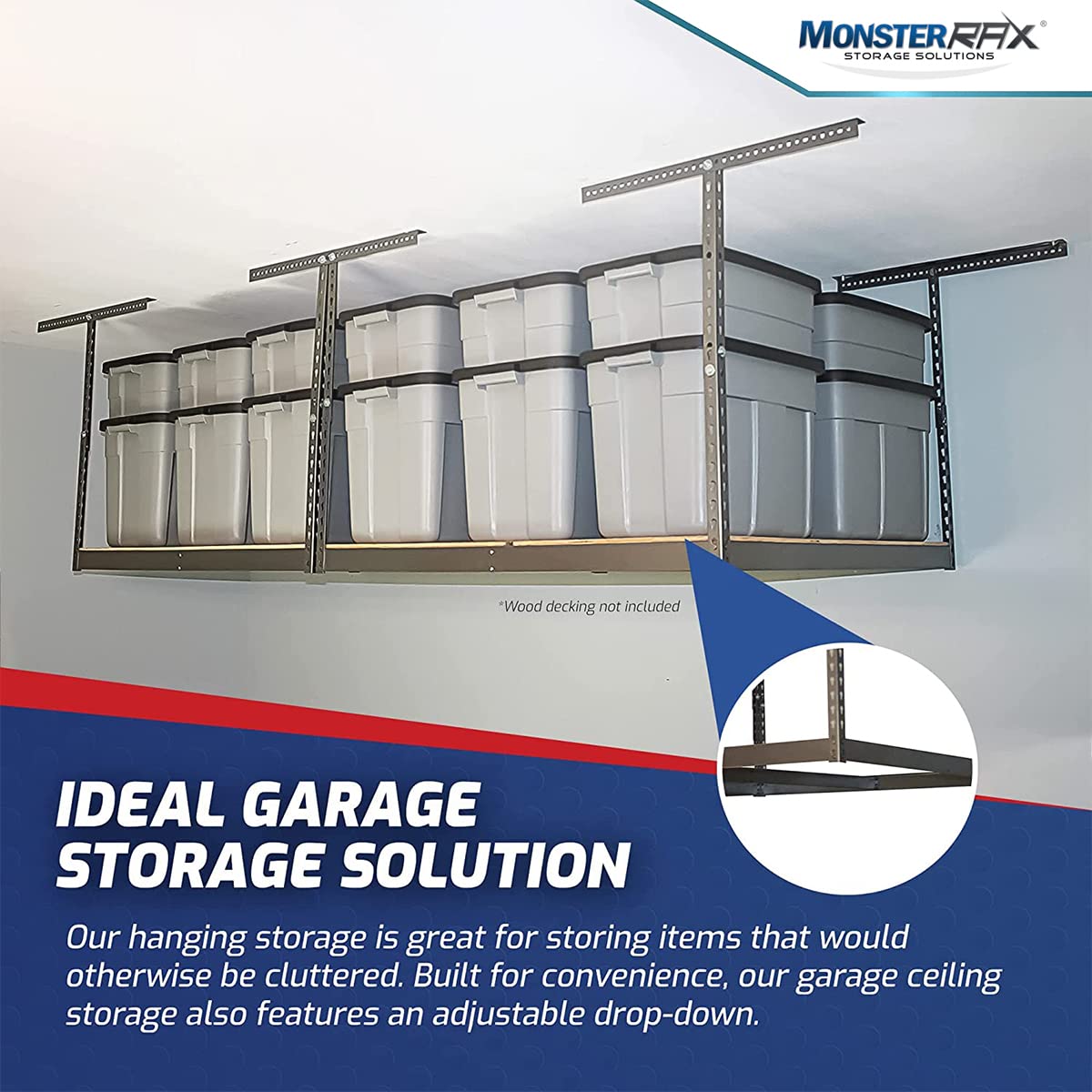 MonsterRax 4x8 Overhead Garage Storage Rack Frame Kit - Hanging Storage Shelves, Garage Ceiling Storage Rack System, Overhead Garage Organizers And Storage, Ceiling Shelving - (Hammertone, 12"-21") MonsterRAX Storage Solutions