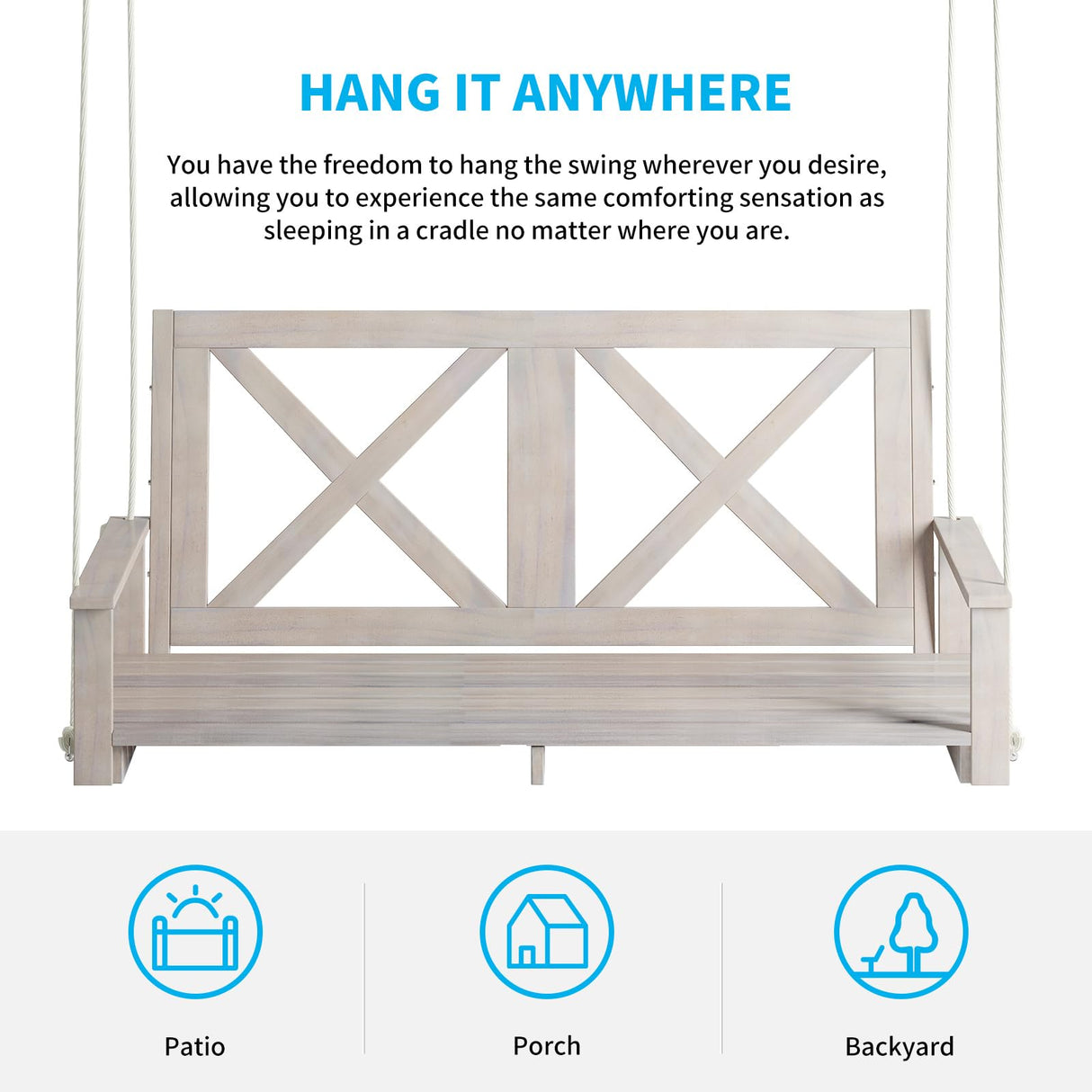 Mjkone Singe Porch Swing | Heavy Duty Out Door Porch Swing with Water Proof Layer | Wooden Proch Swing with Erosion Resist Polyster | Modern Swing Bench (Solid Wood, Double Cross) Mjkone