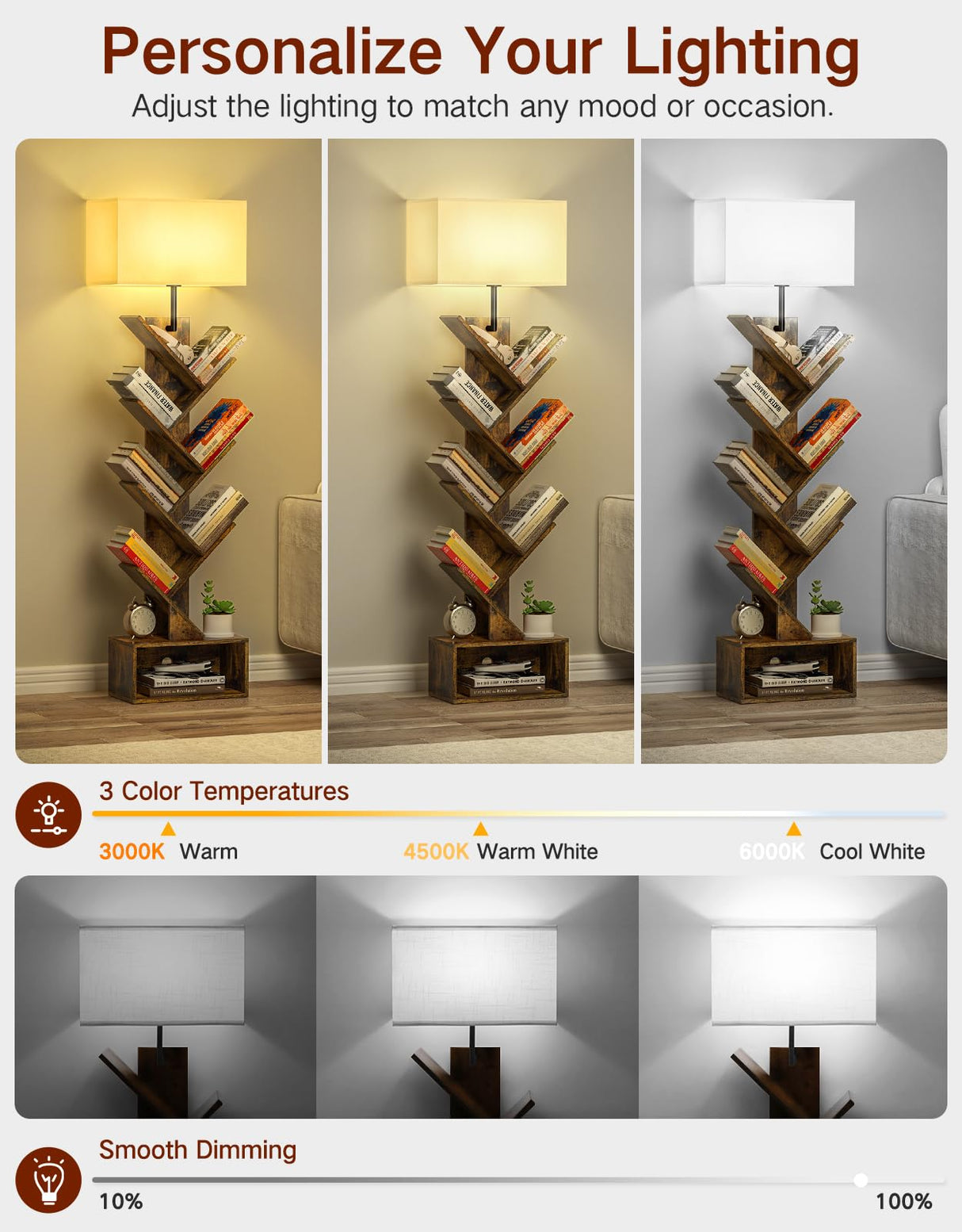 OUTONLIFE 8 Tier Tree Bookshelf with Lamp, Remote & Timer, Modern Tall Floor Standing Book Shelf, Narrow Wood Bookcase, Small Book Organizer Shelves for Living Room, Bedroom, Office (Rustic Brown) OUTONLIFE