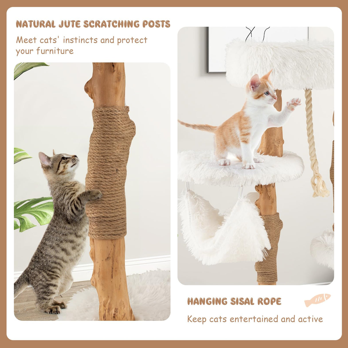 Tangkula Cat Tree Tower, Solid Wood Modern Cat Tower with Cozy Top Perch, 2 Platforms & 1 Hammock, Natural Branch Cute Cat Tree with Scratching Posts & Sisal Rope for Indoor Cats Tangkula