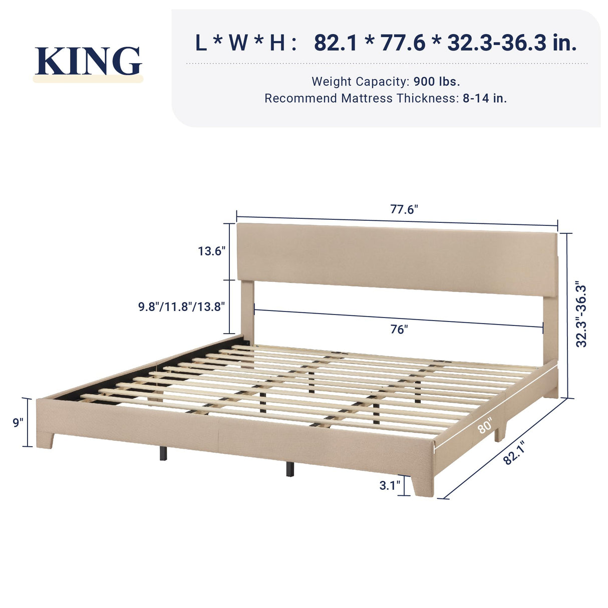 Allewie King Size Beige Upholstered Bed Frame with Adjustable Headboard and Sturdy Wood Slats Allewie